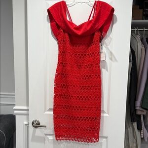 Laundry By Shelli Segal Red Lace Mini Dress with Cowl Neck